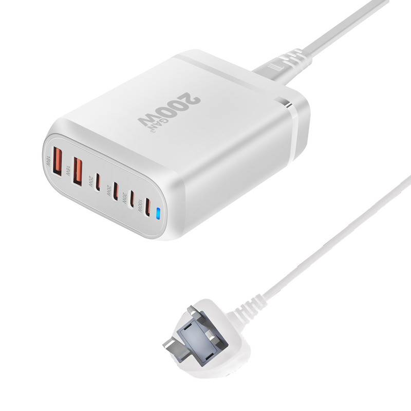 Portable 200W GaN Desktop Quick Charger Stand 6 Ports PD Power AC Adapter 4 Type-C 2 USB-A for MacBook iPhone Samsung Xiaomi