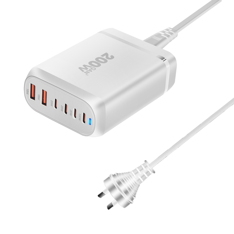 Portable 200W GaN Desktop Quick Charger Stand 6 Ports PD Power AC Adapter 4 Type-C 2 USB-A for MacBook iPhone Samsung Xiaomi