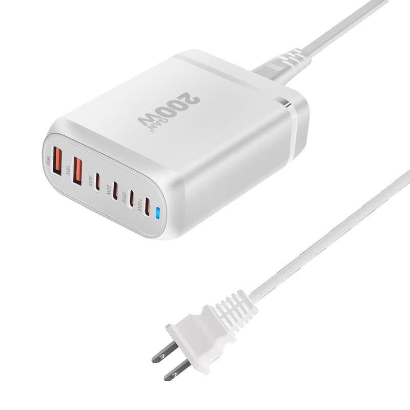 Portable 200W GaN Desktop Quick Charger Stand 6 Ports PD Power AC Adapter 4 Type-C 2 USB-A for MacBook iPhone Samsung Xiaomi