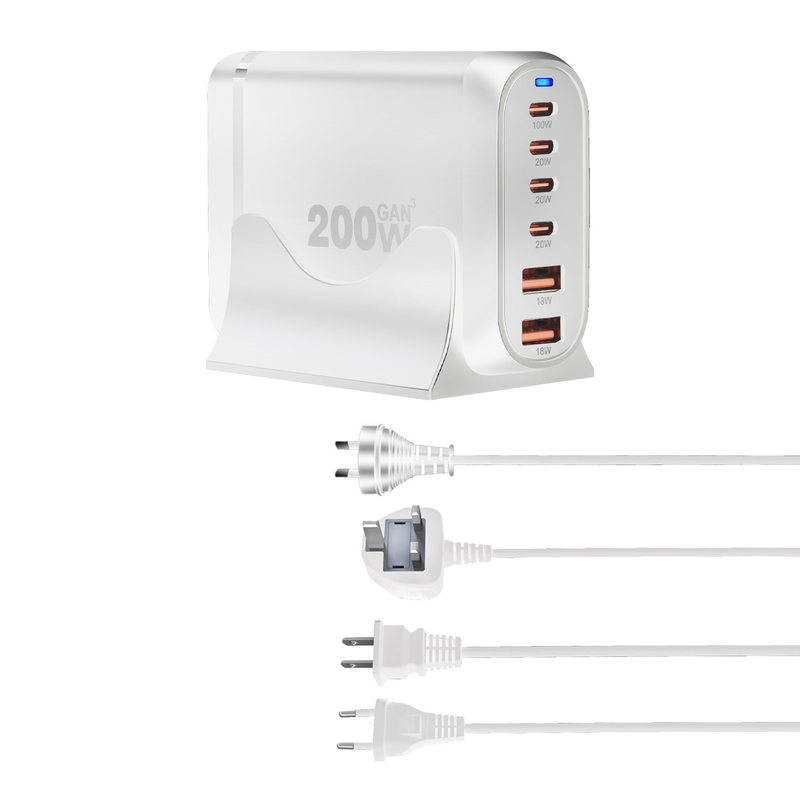 Portable 200W GaN Desktop Quick Charger Stand 6 Ports PD Power AC Adapter 4 Type-C 2 USB-A for MacBook iPhone Samsung Xiaomi