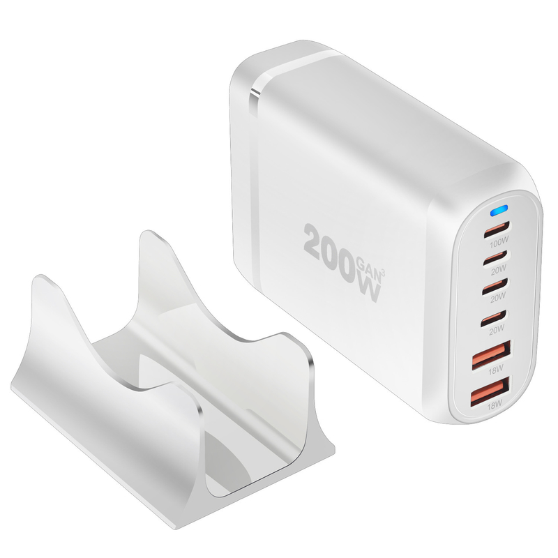 Portable 200W GaN Desktop Quick Charger Stand 6 Ports PD Power AC Adapter 4 Type-C 2 USB-A for MacBook iPhone Samsung Xiaomi