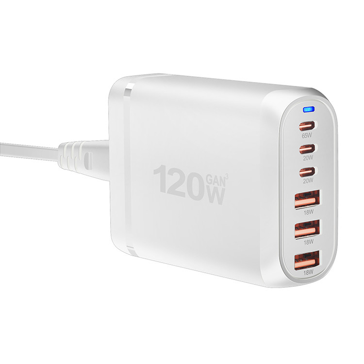 Factory Travel Charger 120W GaN USB Type-C 3 Type C and 3 USB a Fast Charging Cell Phone Wall Charger for Iphone