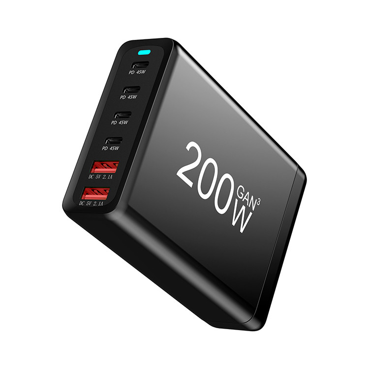 Factory Portable 200W GaN Desktop Quick Charger Stand 6 Ports PD 45W Power AC Adapter 4 Type-C 2 USB-A for Phone Laptop Tablet