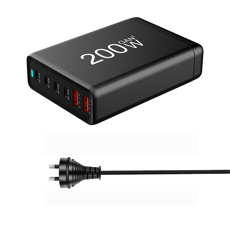 Factory Portable 200W GaN Desktop Quick Charger Stand 6 Ports PD 45W Power AC Adapter 4 Type-C 2 USB-A for Phone Laptop Tablet