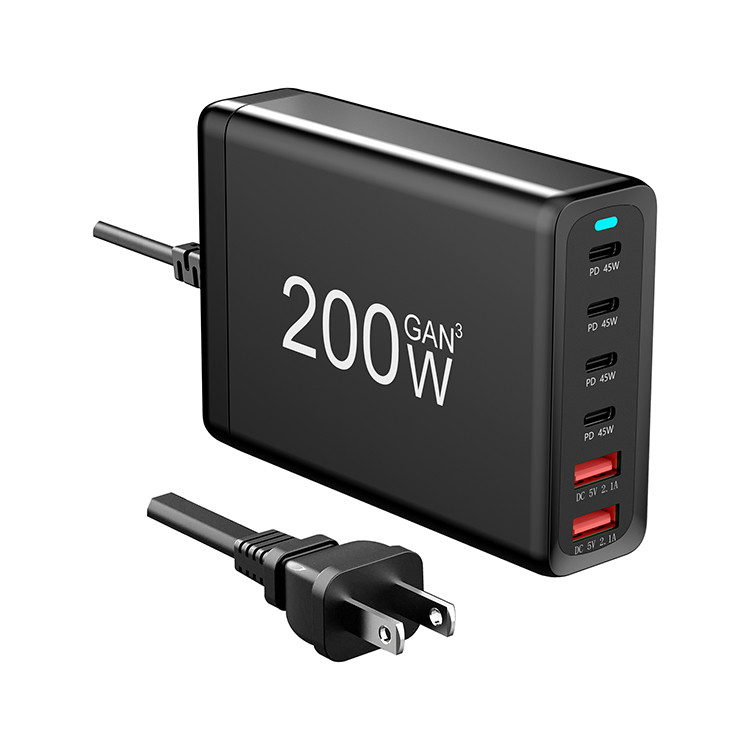 Factory Portable 200W GaN Desktop Quick Charger Stand 6 Ports PD 45W Power AC Adapter 4 Type-C 2 USB-A for Phone Laptop Tablet