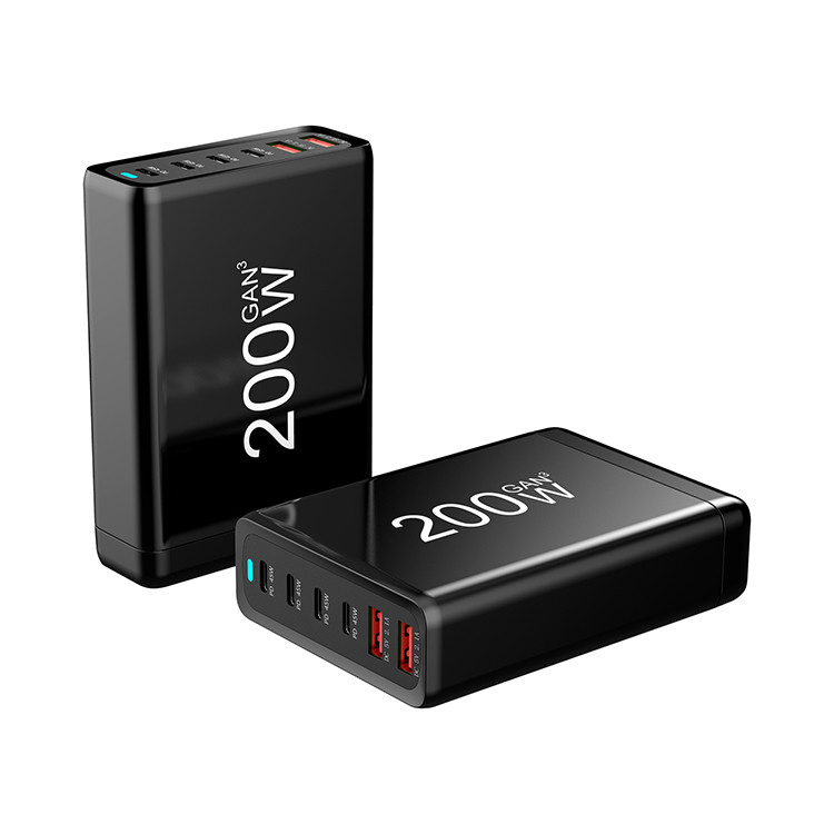 Factory Portable 200W GaN Desktop Quick Charger Stand 6 Ports PD 45W Power AC Adapter 4 Type-C 2 USB-A for Phone Laptop Tablet