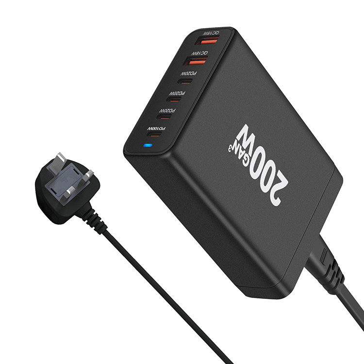 2024 PD100W USA UK AU EU Plug Charger Station Custom Logo Portable Multi-Port 200W Gan Wall Charger