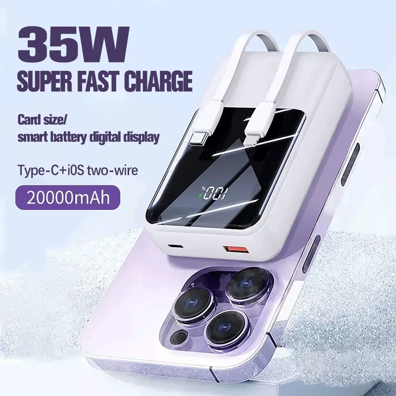 2024 Hot Sale Mini Power Bank 20000mAh 35W Super Fast Charging Power Banks With LED Display Built in Double-Cable Power Bank