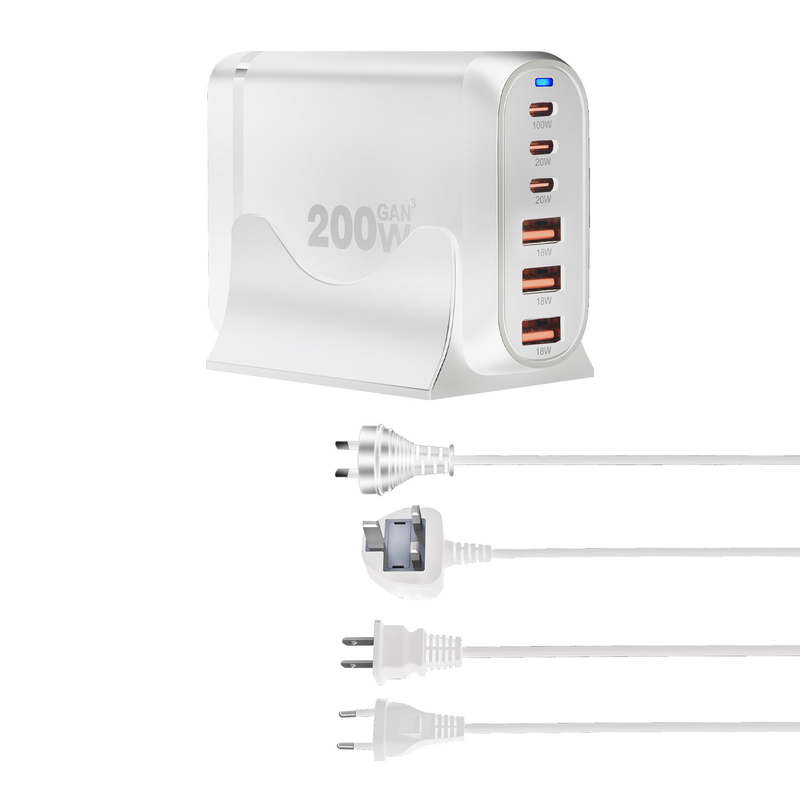 Factory Gan 200w Charger 3 PD Ports Usb C 3 PD 100W Charging Station for Ipad Smartphone Fast Charging Laptops with Holder