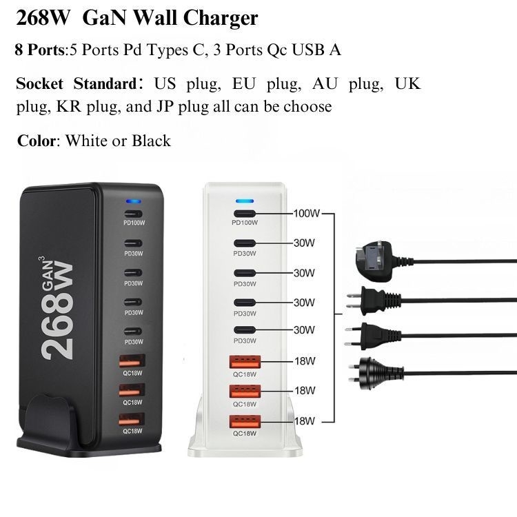 268W 100W Mutli USB Ports USB C Charging Station GaN Desktop PD 65watt Fast Charger Adapter for Laptop