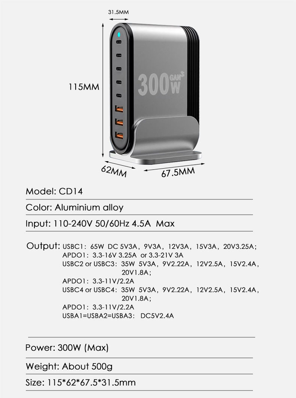 USB C Charger 300W USB C Charger Block Upgraded GaN III 8-Port Fast Charging Station Hub PD 40W 65W Laptop Charger Adapter