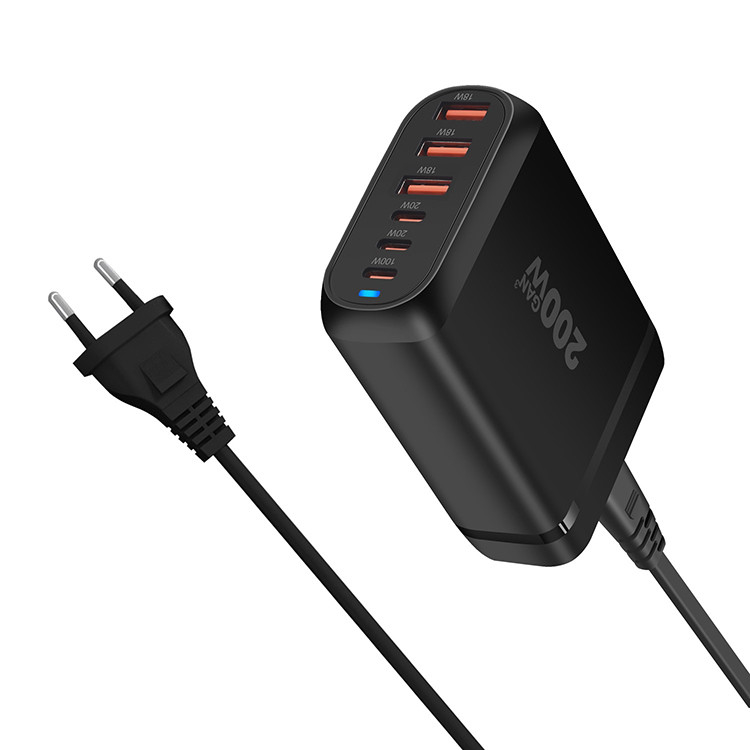 200W GAN Desktop Socket 4USB C+2USB 6 Ports High Power Fast Charger for Android Smartphone Universal Travel Wall Charger