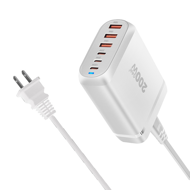 200W GAN Desktop Socket 4USB C+2USB 6 Ports High Power Fast Charger for Android Smartphone Universal Travel Wall Charger