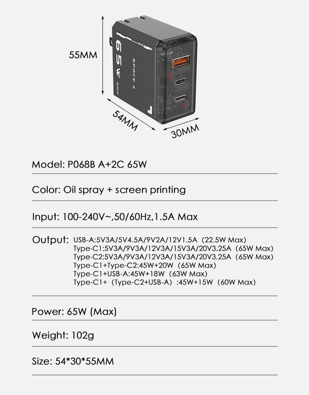 Factory Silkscreen Gan 65w Power Adapter Eu Us Plug 3 Ports Qc 3.0 Type-c Pd Mobile Phone Travel Chargers 65w Gan Charger