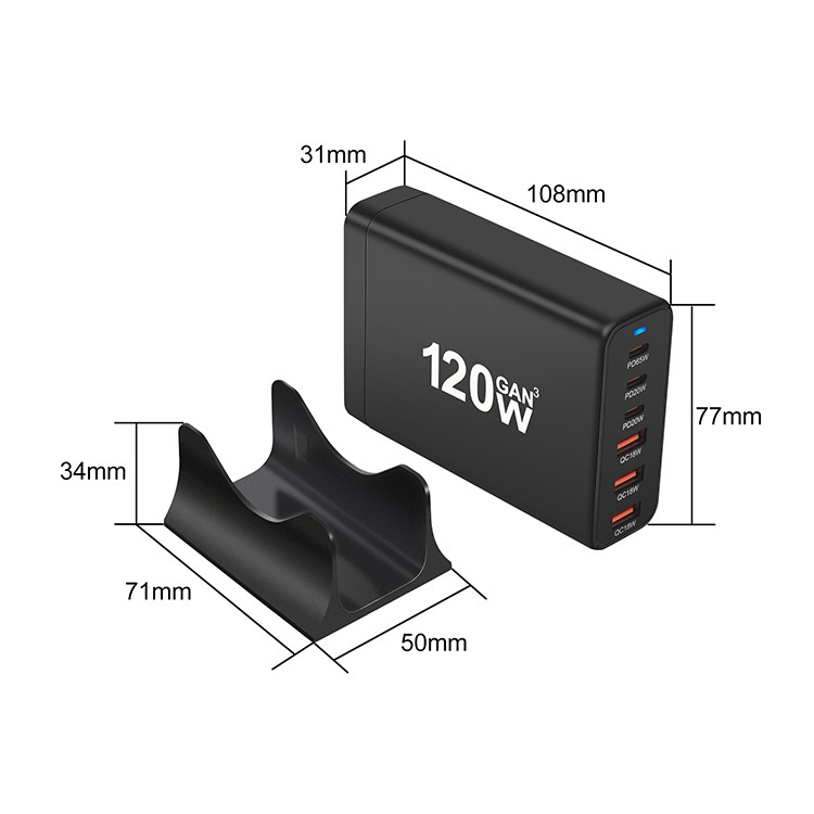 Basics 120W Six-Port GaN Wall Charger With 3 USB-C Ports (65W, 20W) With PD for Laptops, Tablets & Phones