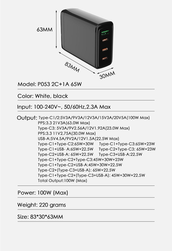 XZH P050 Most Selling Product in Alibaba Qc3.0 Pd 4 Usb A+C Gan Phone Charger Adapter Laptop Laptop 100w Gan Power Charger