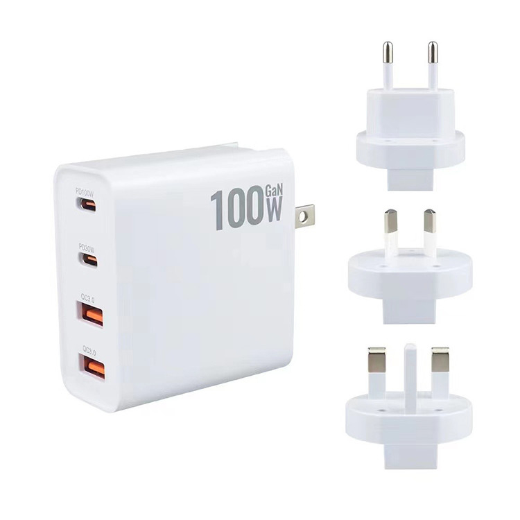 2024 Wholesale 100w Dual Usb-c Pd GaN Fast Charger 2C 2A Ports Phone Ultra Thin Usb C Wall Charger Charging