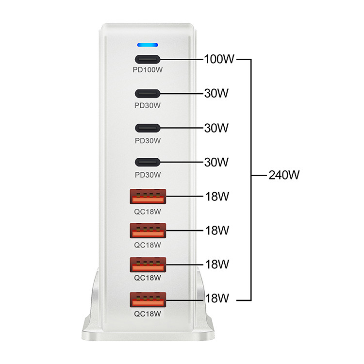 XZH 8-Ports Compact 240W USB C Charger PPS PD 100W 30W QC18W Multiport Fast Charging Station for MacBook Laptop I Phone